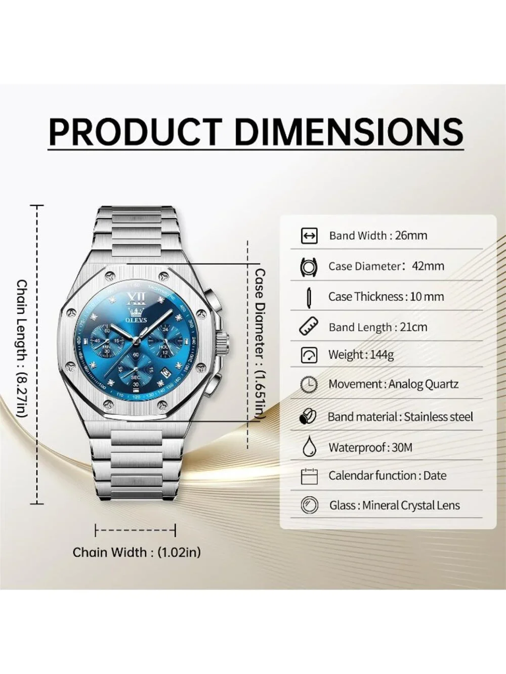 Men's Silver/Blue Luxury Octagon Stainless Steel Waterproof Dress Wrist Watch